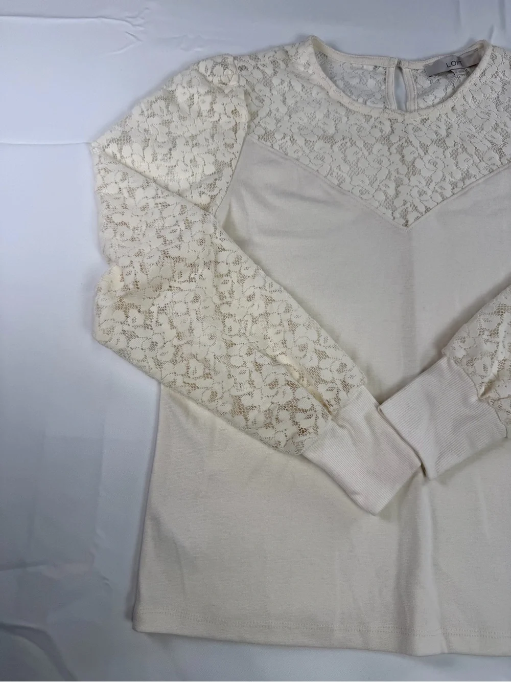 LOFT Cream Lace-Inset Long Sleeve Top - Elevated Style -Medium